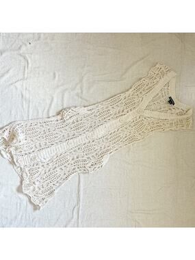beige short sleeve crochet knit maxi cardigan